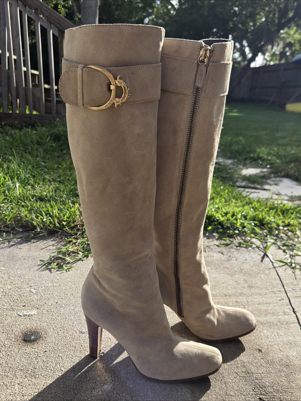 Beige Suede Knee-High Heeled Boots with Gold Buckle